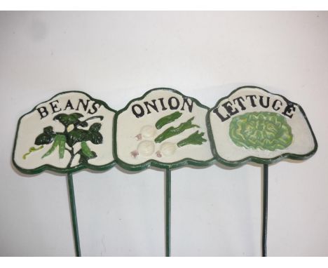 Set of three cast metal veg patch plaques on spikes for Lettuce, Beans and Onions 