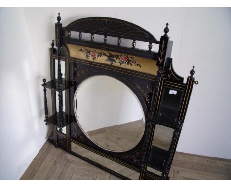 Victorian ebonised and gilt work over mantel mirror with painted bird &amp; floral pattern detail, with large circular bevell