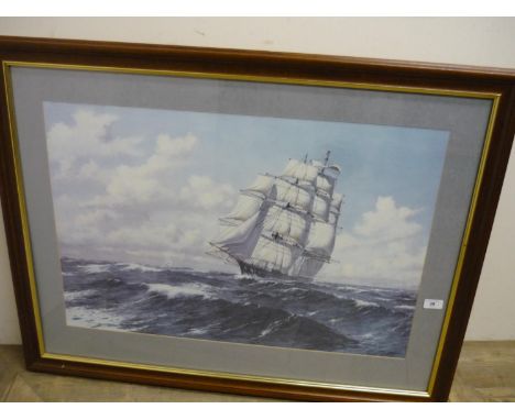 A large print after Kay Jeeson of three masted sailing ships at sea 