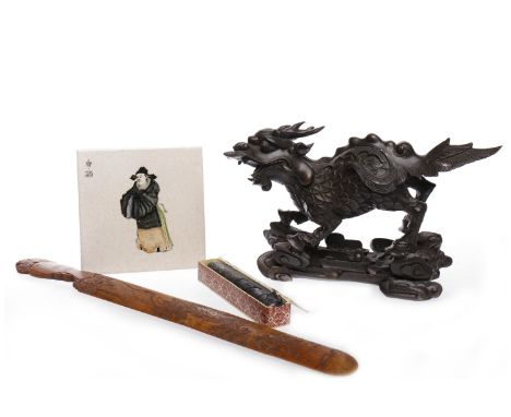 20TH CENTURY CHINESE BRONZE FOE DOGmodelled with mouth open, 26cm long; along with a Chinese painted tile, ink stick and a ca