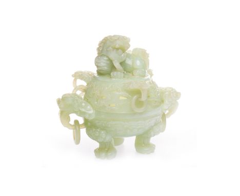 20TH CENTURY CHINESE JADE CENSERwith foe dog finial and mythical animal head lug ring handles, on three feet, in pale green, 