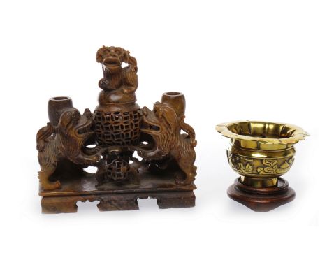 20TH CENTURY CHINESE BRONZE MINIATURE OPEN CENSERdecorated with a band of figures in architectural landscape, on wooden stand