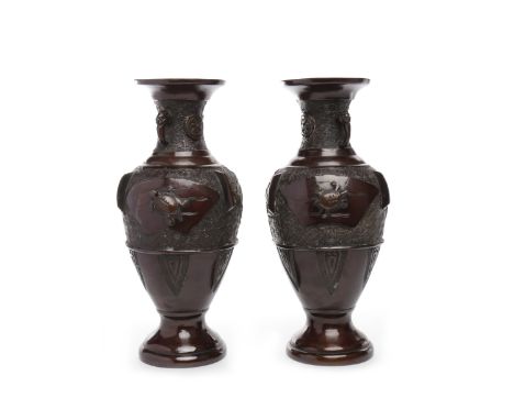 PAIR OF 19TH CENTURY JAPANESE BRONZE VASESof balusrter form and with turtles in relief, 24cm high 