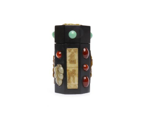 20TH CENTURY CHINESE HARDWOOD TEA CADDY of octagonal form and inlaid with jade and hard stone, 17 cm