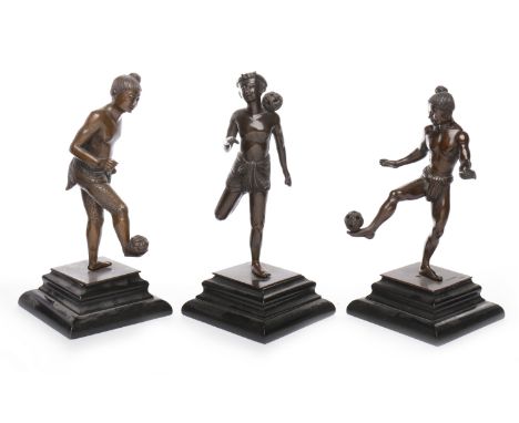 THREE BURMESE PEGU BRONZE FIGURES OF CHIN-LON PLAYERSeach on an ebonised square plinth, 22cm high  