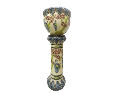 Cachepot with ceramic column with oriental motifs. H 94 cm, cachepot 28 cm x diameter 33 cm, base 66 cm