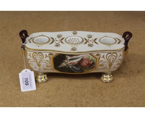 An early 1800's Grainger &amp; Co Worcester hand painted ink stand with two inks and pounce pot, 9 1/2" long (one chip to ink