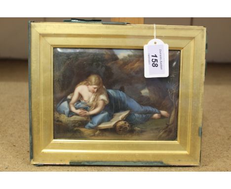 A 19th Century finery hand painted on porcelain framed plaque, in the German KPM Berlin manner of a young girl laying down, r