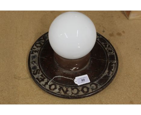 An unusual vintage carved wooden based lamp with glass shade, the base carved with 'Cognoes Toy Mesme', has been electrified 