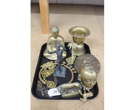 Mixed metal ware including a brass Buddha, brass Indian head, a bronze classical figure, vase etc