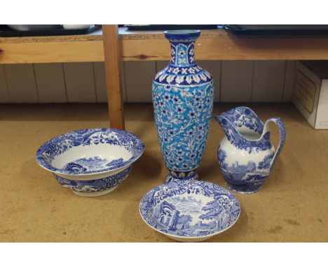 A Copeland Spode Italian pattern jug and bowl, separate bowl plus and early blue and white decorated terracotta tall vase (th