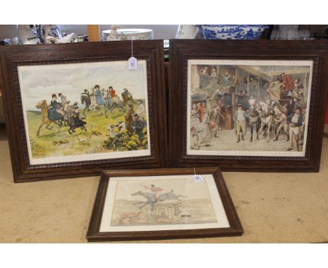 A pair of Victorian dated 1896 Pears prints in oak frames 'A Canter on the Heath' and 'Leaving London', plus a framed hunting
