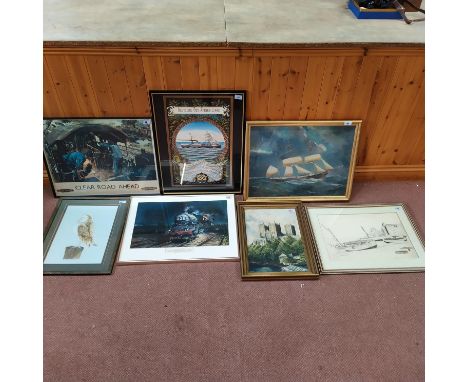 A mixed lot of pictures including an oil on canvas of a sailing ship, a framed watercolour of a 'Dozing Barn Owl', signed Bec