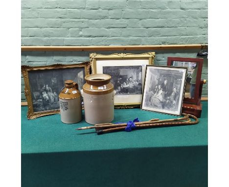 A large stoneware two handled jar, a Norman's of Stansted ginger beer stoneware jar, three vintage sticks, a Victorian toilet