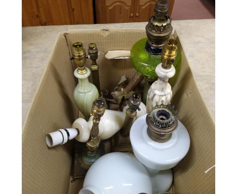 Various lamp bases including Victorian oil lamp, onyx and brass