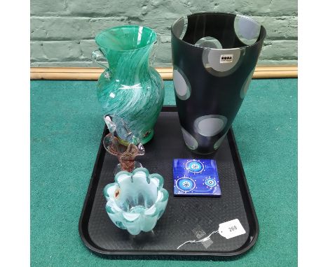 Four Art Glass vases including a very large Boda of Sweden 1960's style vase 12" high, a Riihimaen Lasi of Finland blue swirl