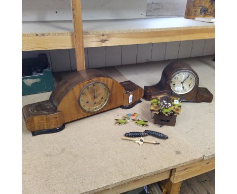 An Art Deco mantel clock by Vedette France, Westminster chime, 27" long (water damage to case) plus an oak cased mantel clock