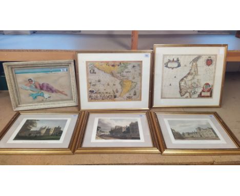 Two framed maps of America and Norway, three prints of colleges, Balliol New College and University College plus a framed wat