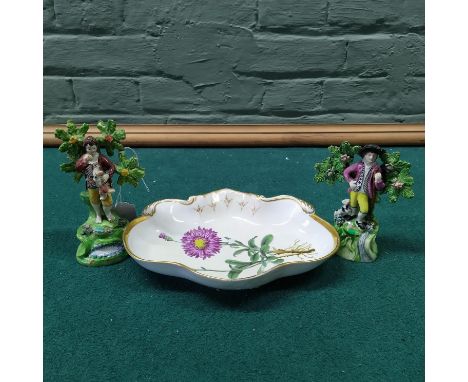 Two early 19th Century Staffordshire Walton figures with bocage back plus an early 19th Century Worcester dish