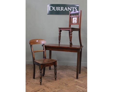 A mahogany side table, a Victorian cottage chair and a Victorian mahogany hall chair with a tile inset back