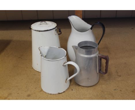 A vintage enamel lidded container, two enamel jugs plus an aluminium swan jug