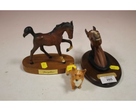 A BESWICK WALL HANGING 'THE MINSTREL' HORSE BUST TOGETHER WITH 'SPRING TIME FOAL' ON PLINTH AND A BESWICK CORGI FIGURE (3)