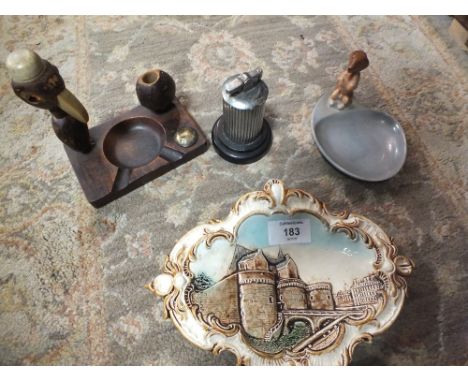 A WS & S CERAMIC DISH, TREEN ASH TRAY, POLO LIGHTER PLUS A DOG DISH (4)