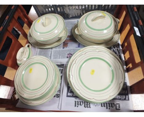 A TRAY OF ART DECO CLARICE CLIFF DINNER WARE TO INCLUDE TUREENS