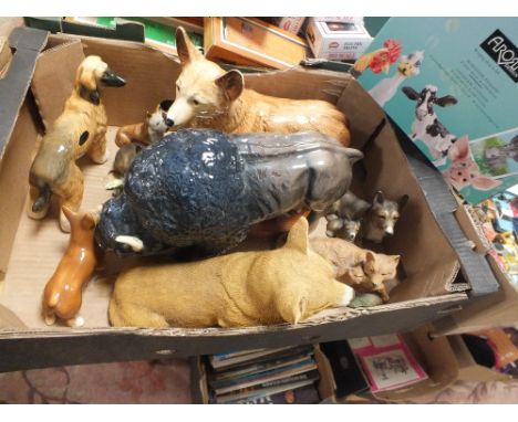 A BOX OF MOSTLY DOG FIGURES TO INCLUDE A MELBA WARE BISON AND CORGI
