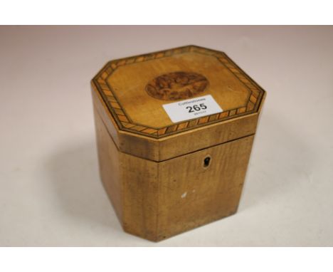 AN EARLY 19TH CENTURY SATINWOOD TEA CADDY, with inlaid border and central oval cartouche to hinged lid, H 11.2 cm