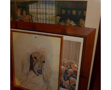 A watercolour portrait of a dog with two other prints 