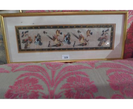 A pair of Oriental paintings on silk of birds and an Oriental wood block print of tigers 