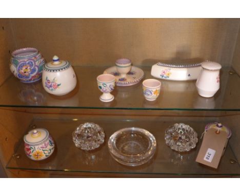 A collection of Poole pottery items together with a Whitefriars glass dish and a pair of Orrefors glass candle holders