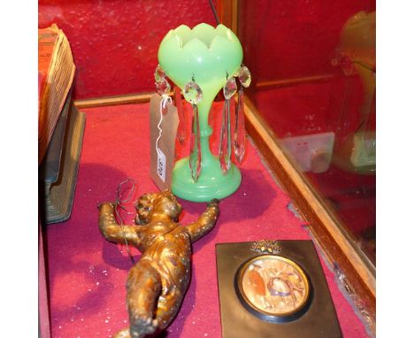 A Green glass lustre together with a spelter figure of a cherub (af) and a printed portrait miniature 
