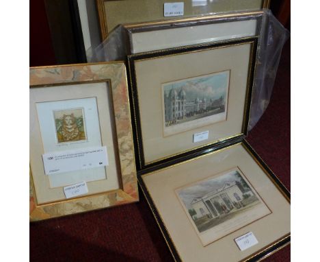 A collection of coloured engravings together with a print of a cat and a pen sketch 