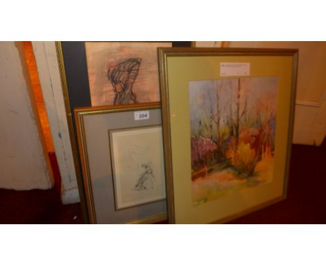 A watercolour study of trees, a pastel study and a pencil sketch of a figure and horses