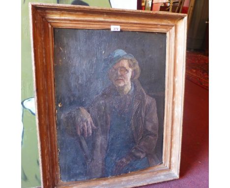 An oil on board portrait in a distressed frame, marked to verso 'Quentin Crisp, by Francais Hoyland' (af)
