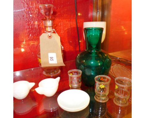 A Continental decanter with shot glasses, a Lalique style dish and other similar glassware 