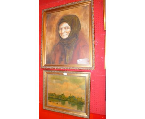 An oil on canvas portrait of an elderly lady and an oil on canvas Continental landscape (af)