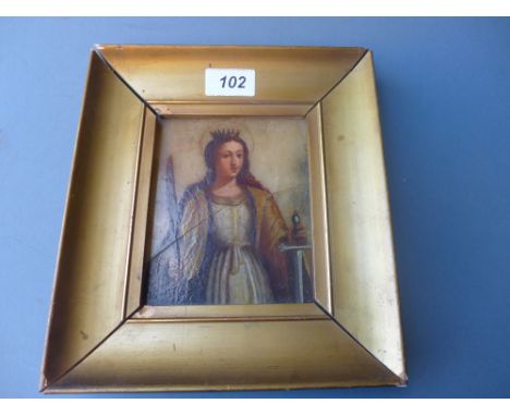 An 18th/19th century oil on panel religious portrait study (af) in a gilt frame 
