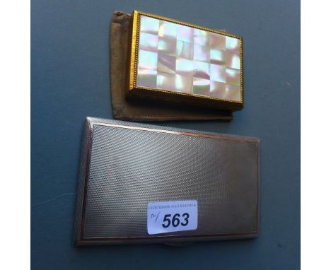A hallmarked silver cigarette case and a gold plated compact with mother of pearl inlay with musical mechanism, made by Melis