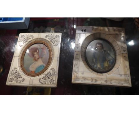 Two portrait miniatures, a boy, the other of a girl within bone frames with engraved detail 