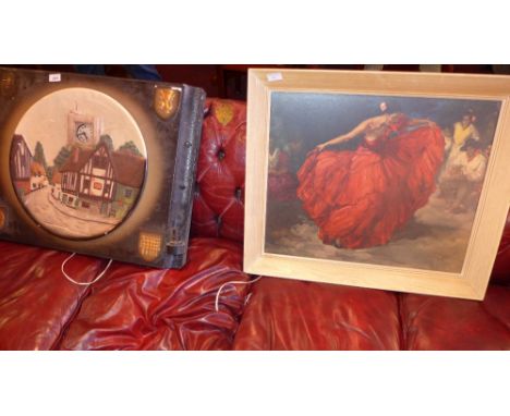 A painted plaster wall clock with Dutch town scene in relief together with a print of a Flamenco dancer (2)
