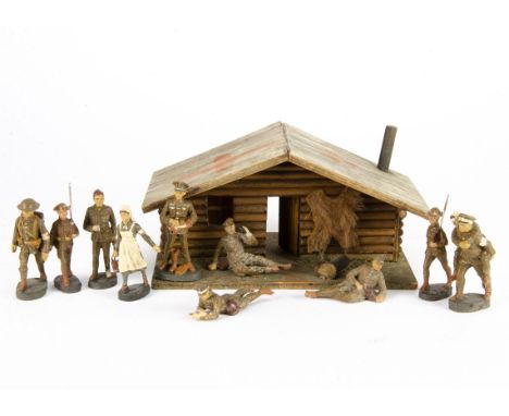 Elastolin British WW2 Medical and Camp figures comprising of man with walking stick (4), orderlies (2), nurse, medic carrying