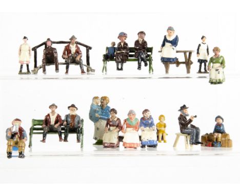 Seated figures by Britains (9) and others, Hill (3 including girl on case), Pixyland Quaffer, Charbens Farmers Wife (repaired