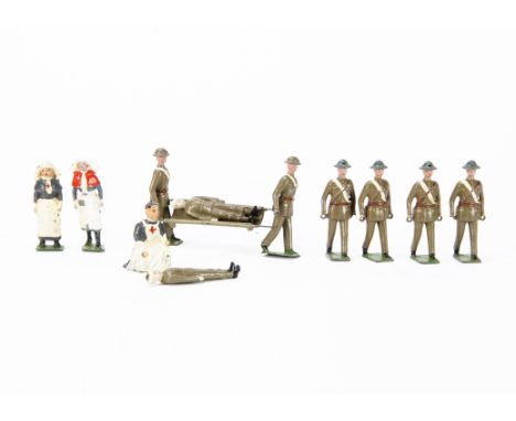 Britains loose stretcher bearers in steel helmets from set 1719 (6),  2 khaki helmet, 4 grey, patients (2), a nurse, with a J