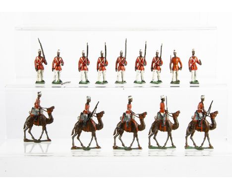 German made - possibly Algeyer - 45mm scale marching (9) and mounted (5) Soudanese troops, complete with foot and mounted off