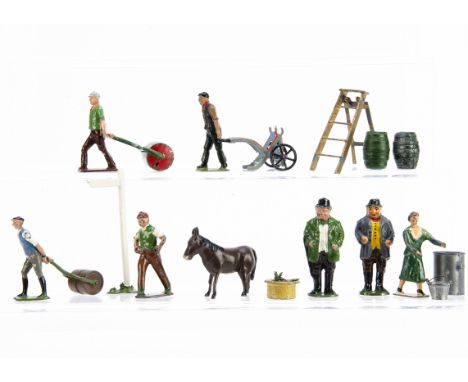 A mix of civilian lead items by various makers including Britains comprising hedges (4),  Donkeys (6 inc 2 Britains), Gardene