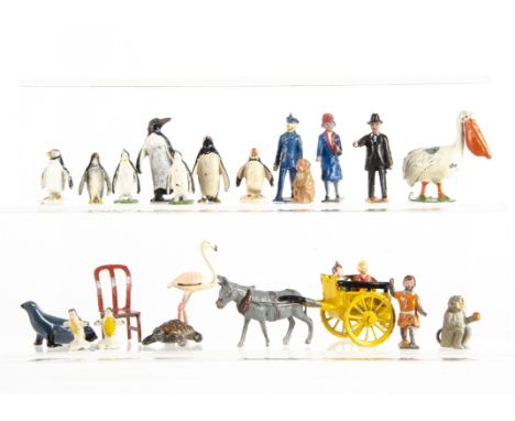 A selection of zoo related items by Britains and others comprising man with bucket and wheelbarrow,  Charbens Donkey cart wit