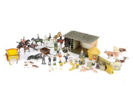 A lot of lead farm and civilian items by Britains and others with a large 3-part hinged wooden farm playbase,  possibly home 